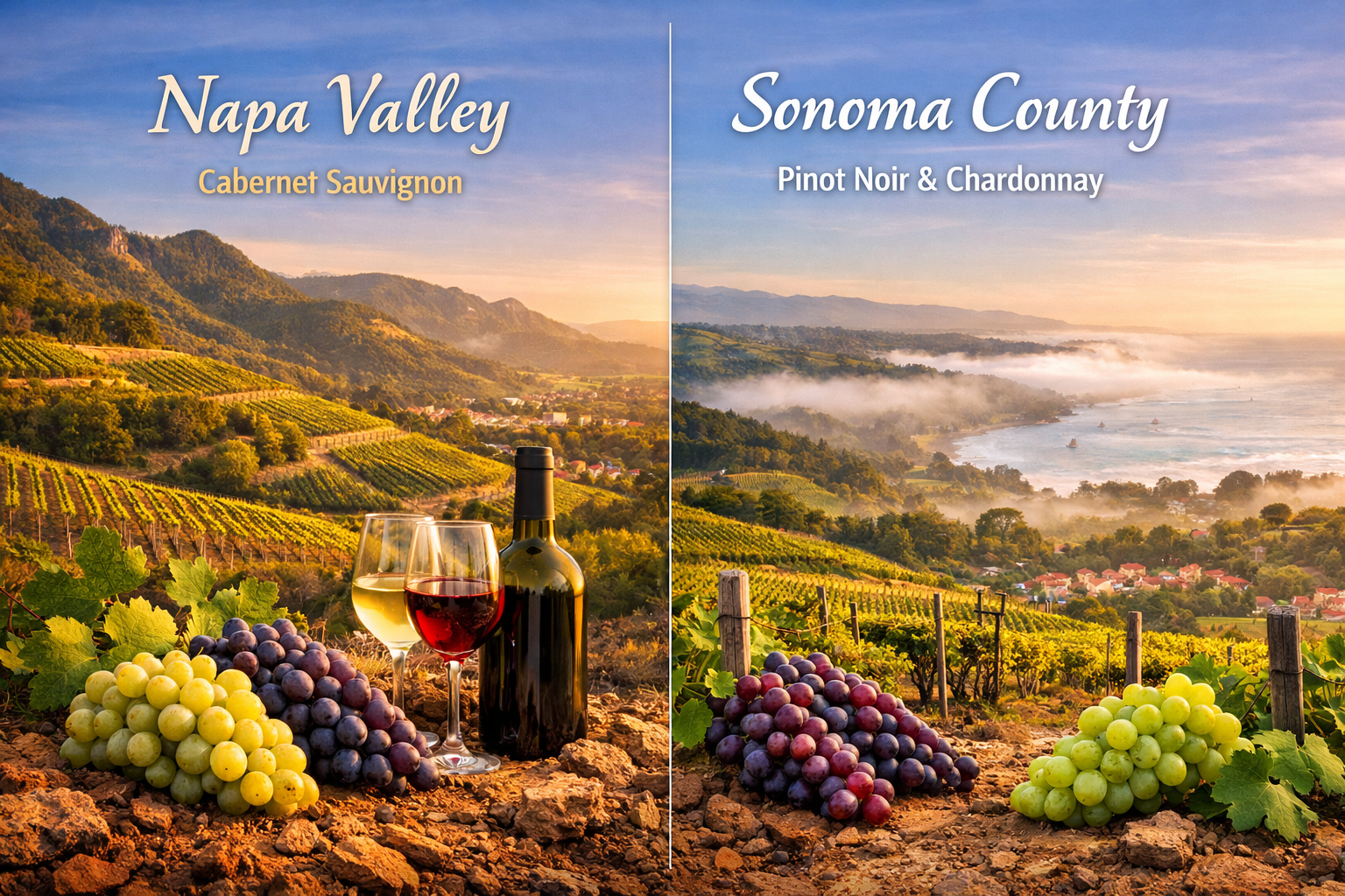 Viñedos del norte de California entre colinas, niebla y bodegas de Napa y Sonoma