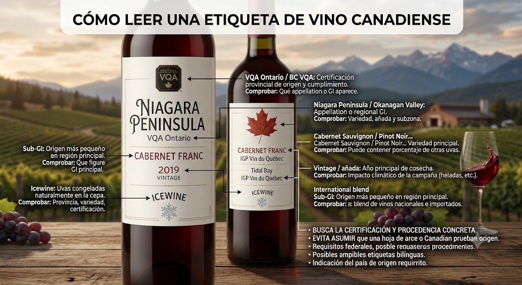 Botellas canadienses con ejemplos de VQA Ontario, BC VQA, Icewine, Tidal Bay e IGP Vin du Québec
