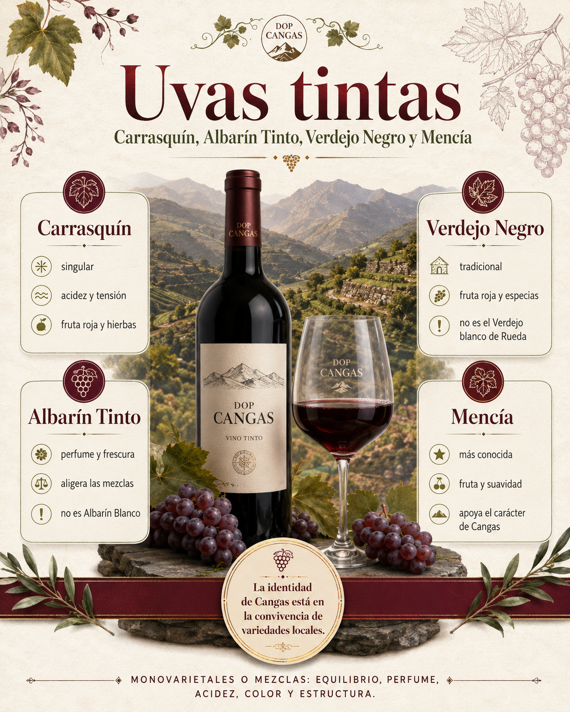 Racimos de Carrasquín, Albarín Tinto y Verdejo Negro en un viñedo de Cangas