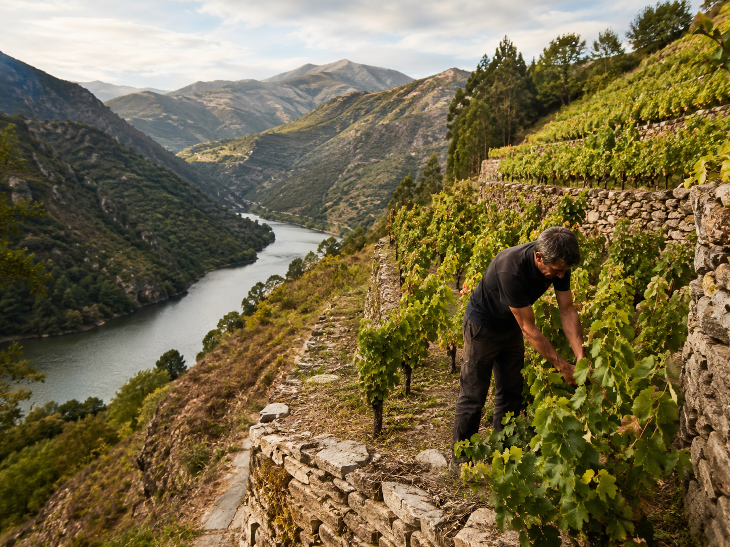 Vendimia manual en un viñedo de fuerte pendiente de la DOP Cangas