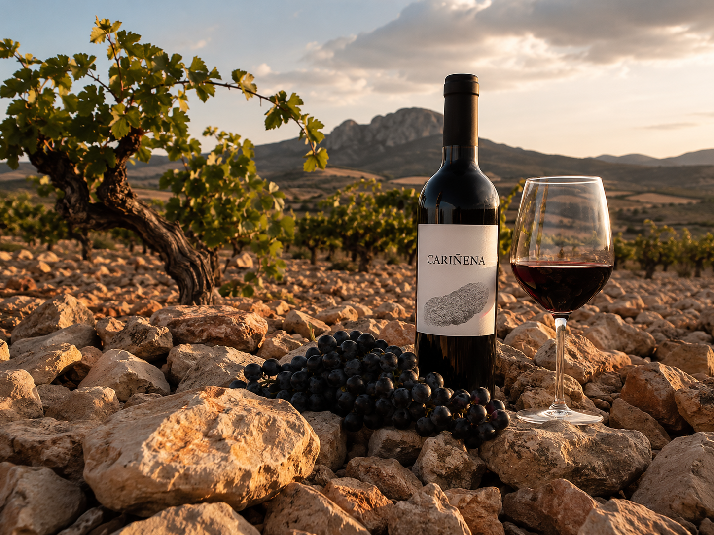 Viñedos de la D.O. Cariñena en terreno pedregoso de Aragón