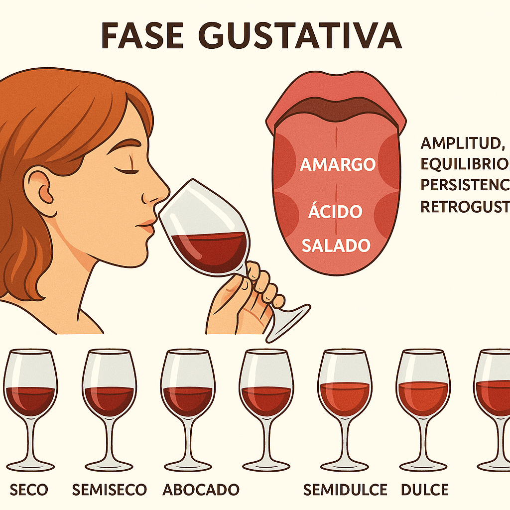 Fase gustativa de la cata de vinos con análisis de ataque, evolución, textura y final