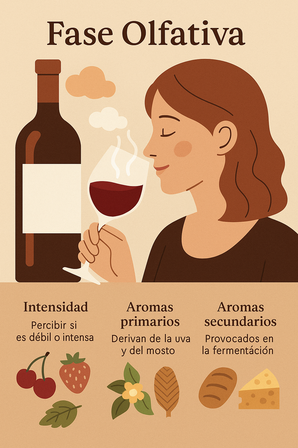 Fase olfativa del vino con aromas primarios, secundarios y terciarios