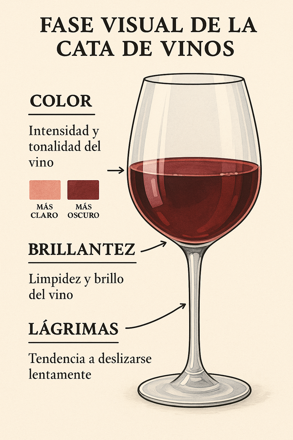 Fase visual en la cata de vinos: observación del color, brillo, intensidad y borde del vino