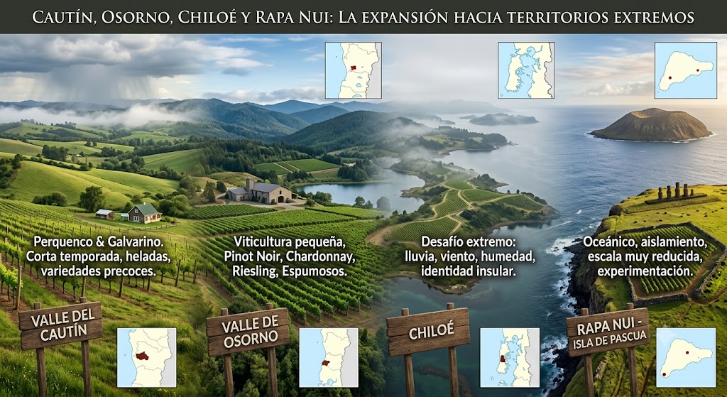 Pequeños viñedos de Cautín, Osorno y Chiloé en paisajes húmedos y fríos