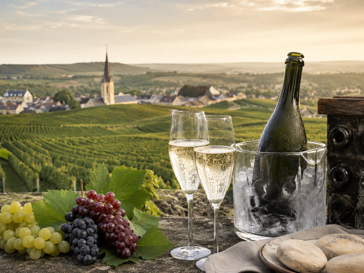 Viñedos de Champagne en colinas calcáreas con botellas y copas de espumoso