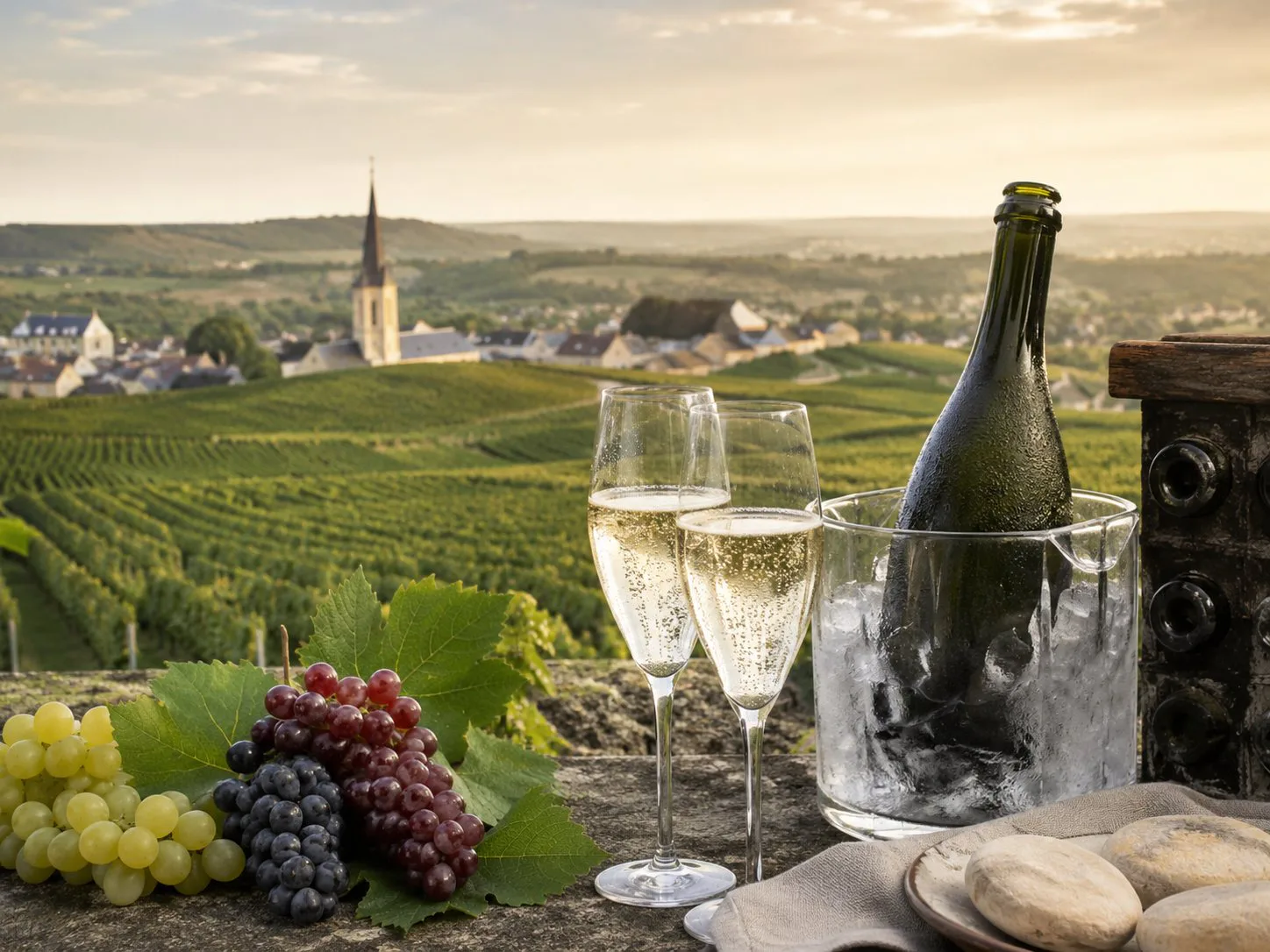 Viñedos de Champagne en colinas calcáreas con botellas y copas de espumoso