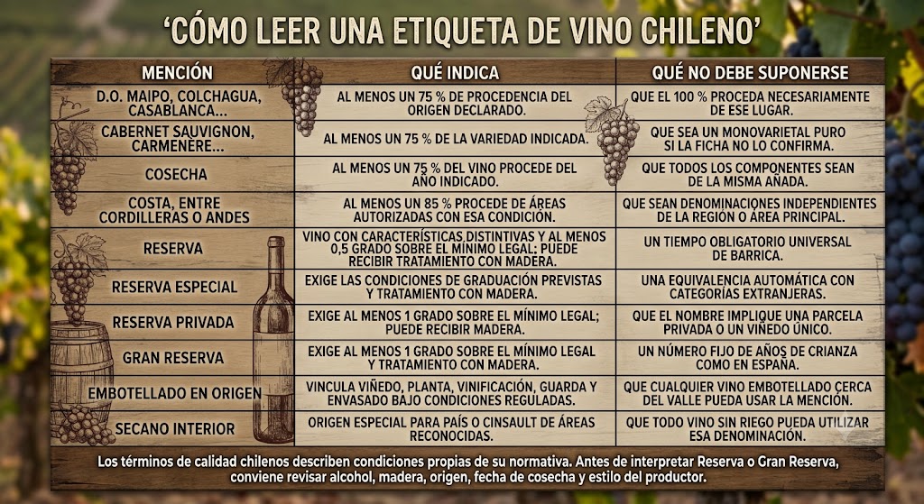 Botellas chilenas con indicaciones para interpretar origen, variedad, cosecha y calidad