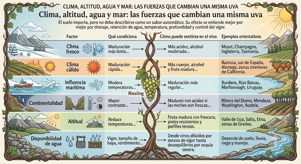 Comparación de viñedos de clima atlántico, continental, mediterráneo y de gran altitud