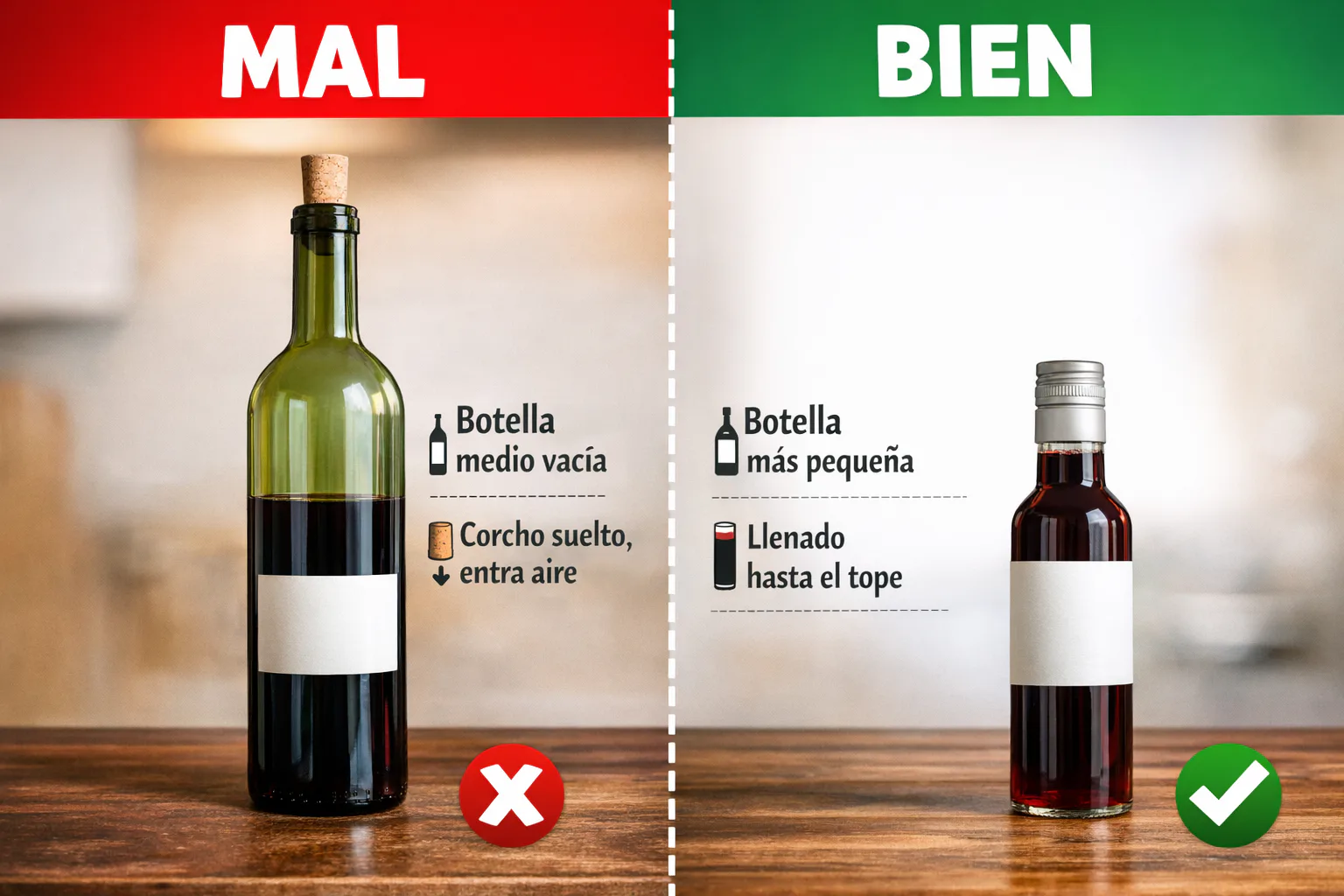 Comparativa de servicio correcto de vino en copa sin llenarla en exceso
