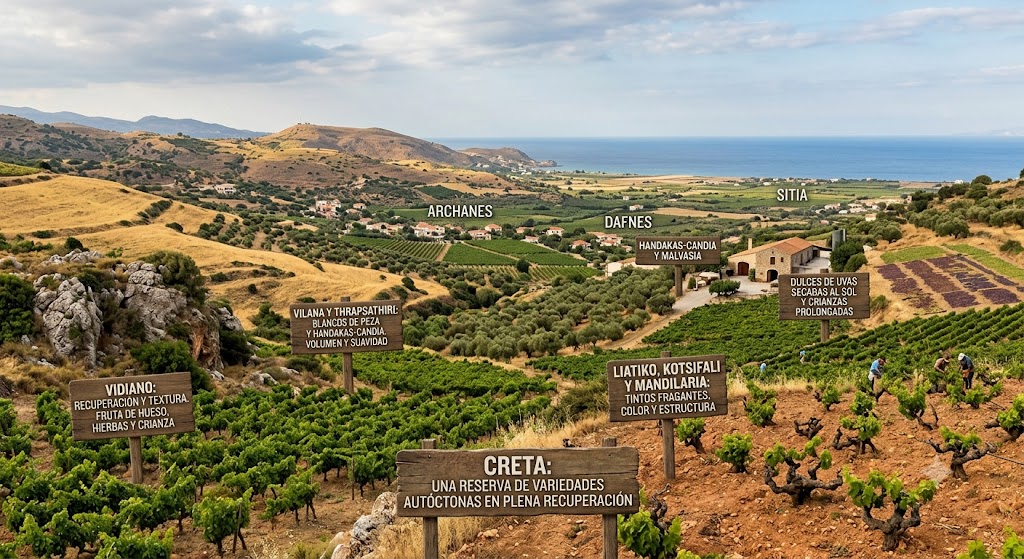 Viñedos de Creta en laderas mediterráneas con olivos y montañas