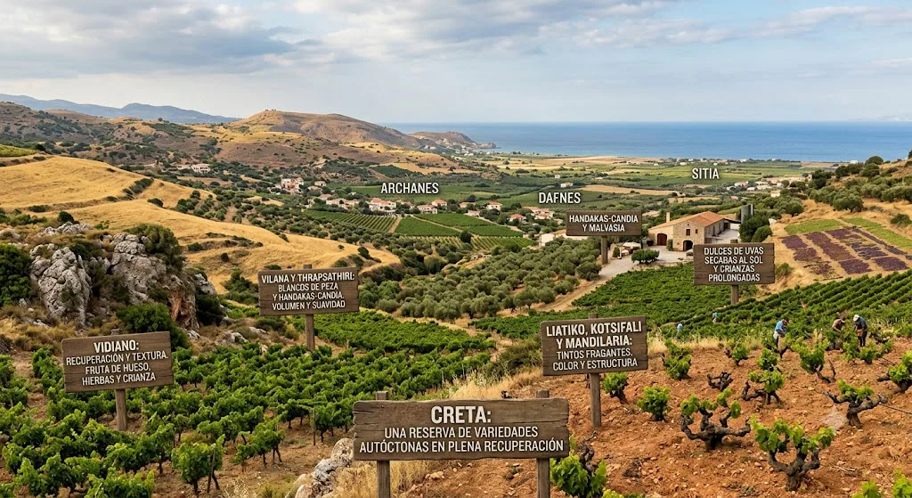 Viñedos de Creta en laderas mediterráneas con olivos y montañas