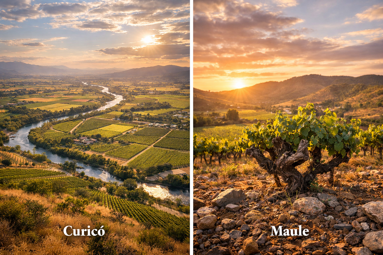 Viñedos de Curicó y Maule entre zonas regadas, colinas y parcelas históricas