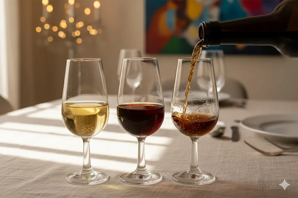 Cantidad correcta de vino dulce o fortificado servida en copa pequeña, por debajo del punto más ancho del cáliz
