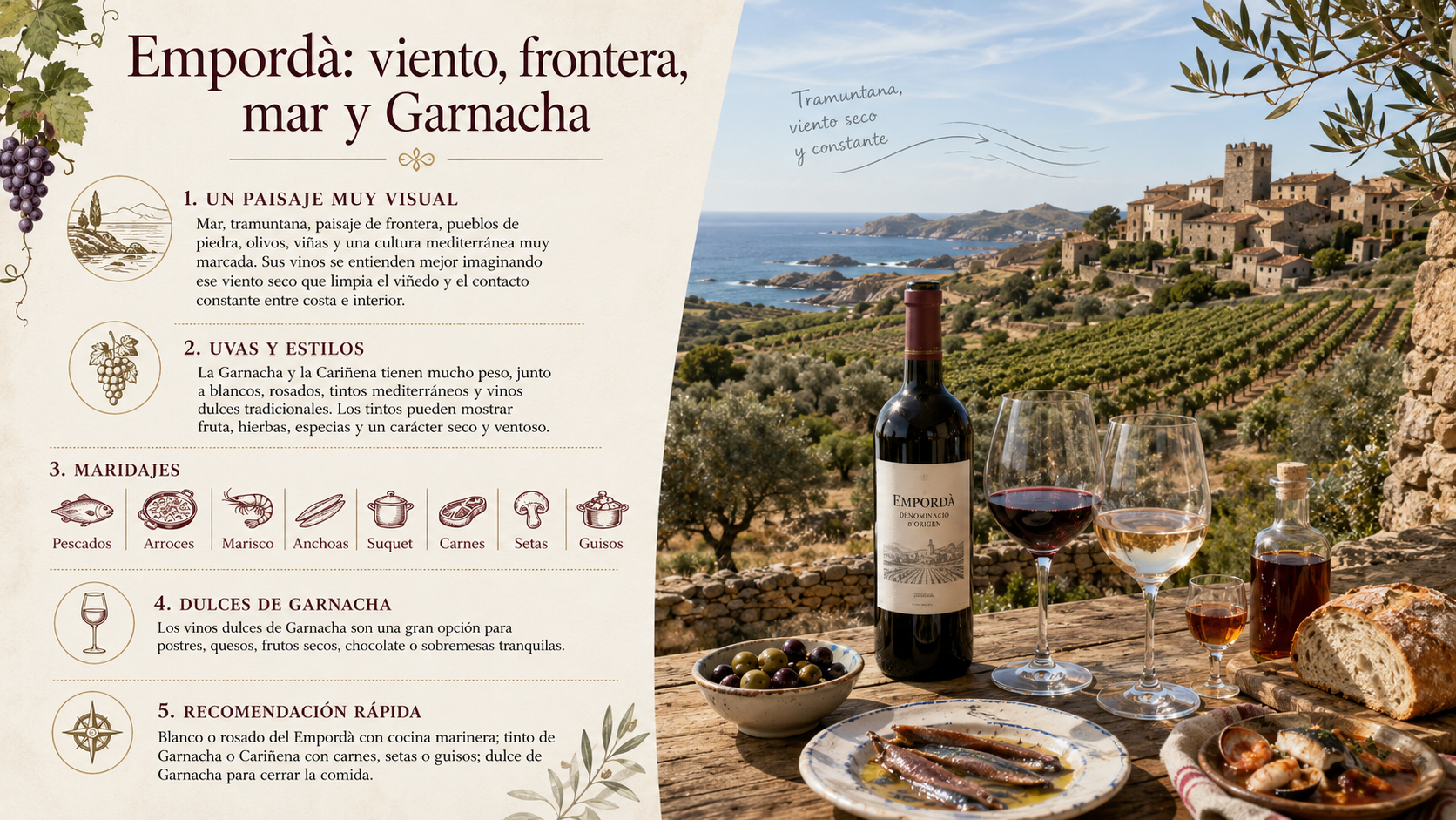 Viñedos del Empordà con paisaje mediterráneo, viento de tramuntana y cercanía al mar