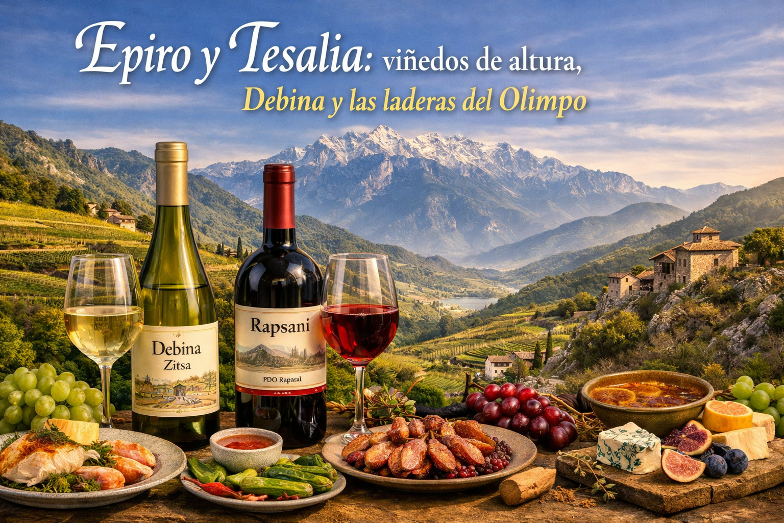 Viñedos de montaña en Epiro y Tesalia con valles, laderas y pueblos griegos