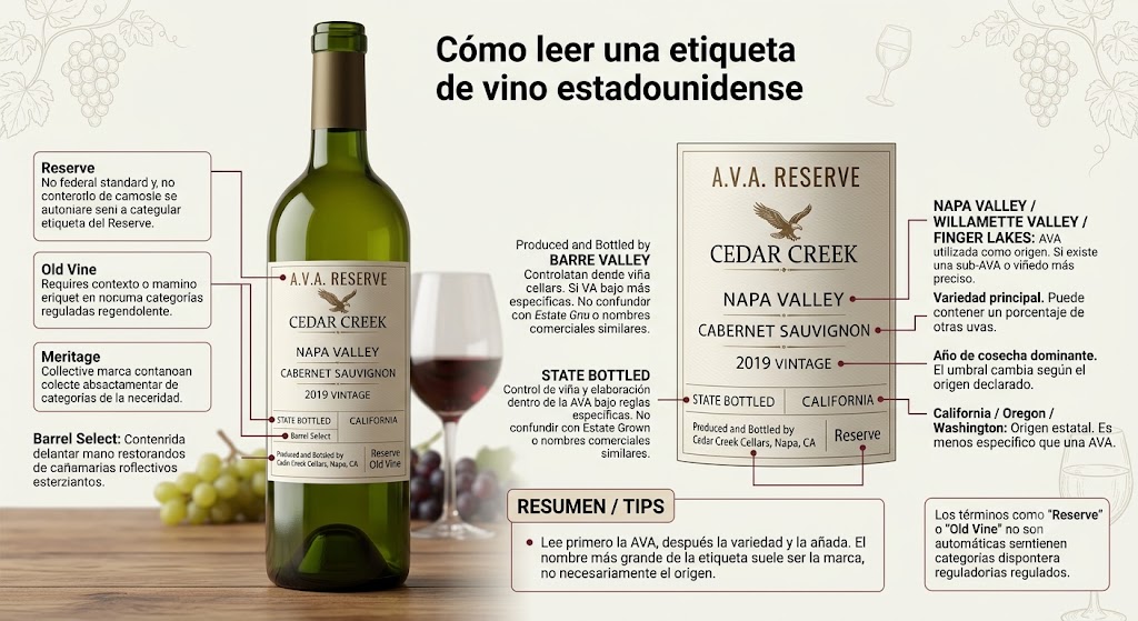 Botellas estadounidenses con ejemplos de AVA, variedad, añada y Estate Bottled