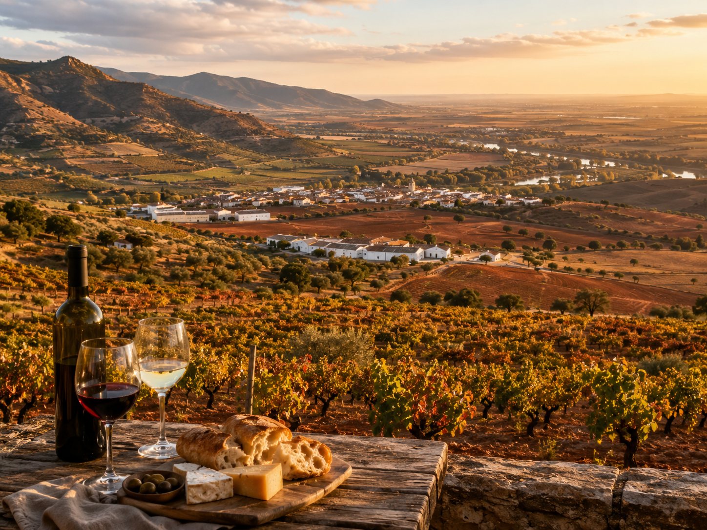 Viñedos de Extremadura en Tierra de Barros con paisaje de dehesa, bodega y copas de vino