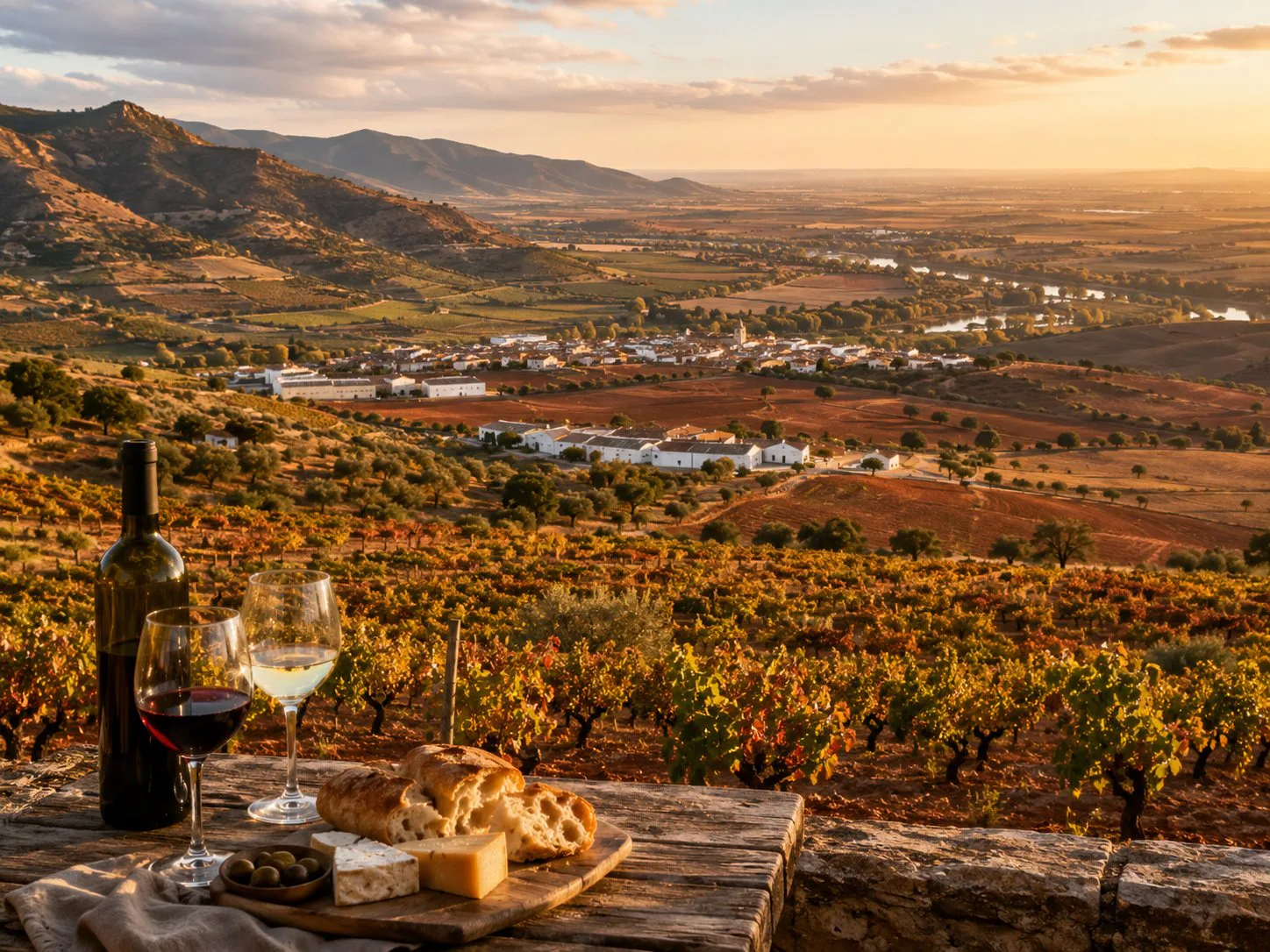 Viñedos de Extremadura en Tierra de Barros con paisaje de dehesa, bodega y copas de vino