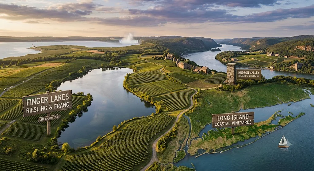 Viñedos de Riesling en Finger Lakes junto a un lago glaciar de Nueva York