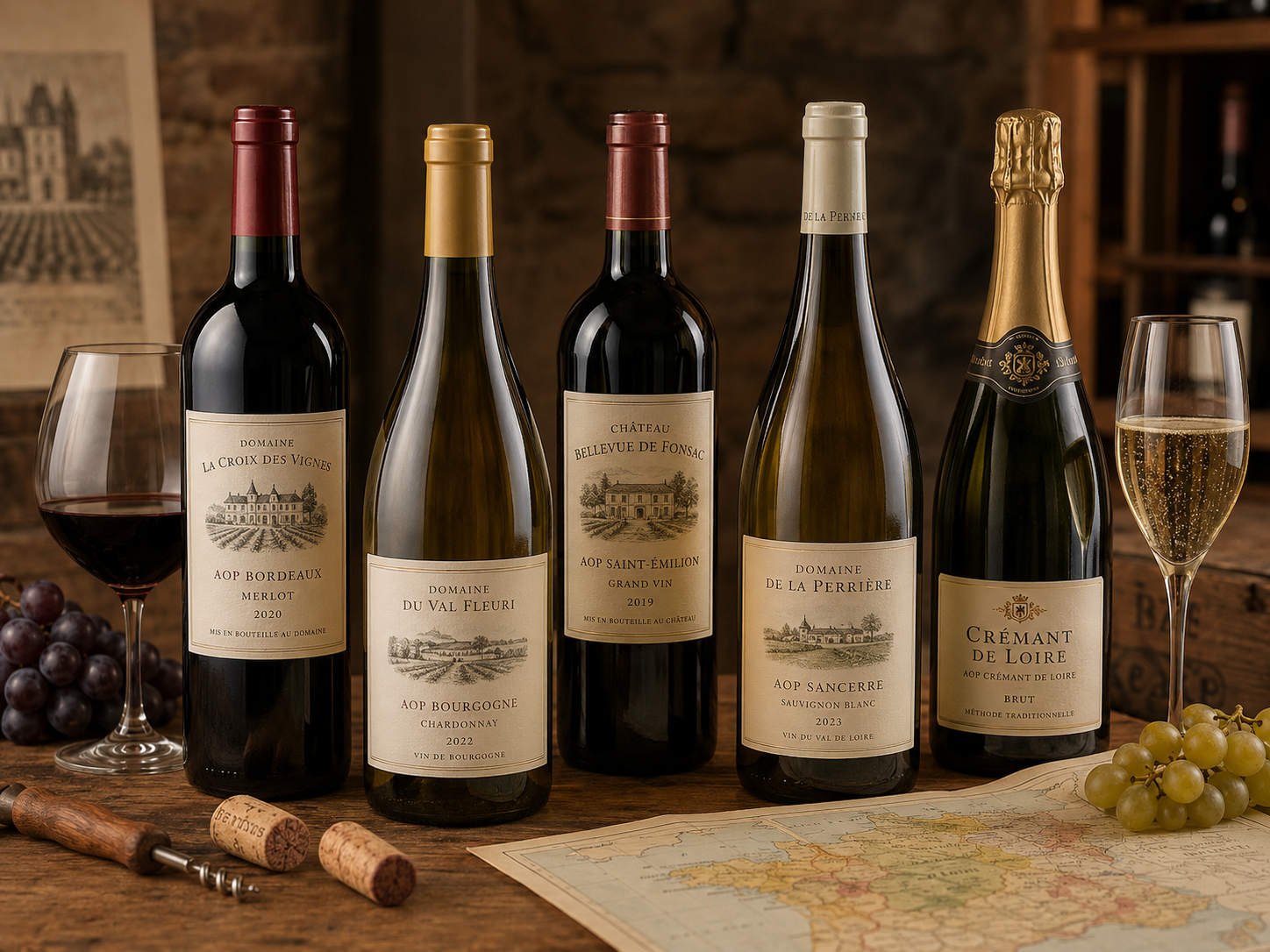 Botellas francesas con ejemplos de menciones AOP, región, productor, añada y clasificación