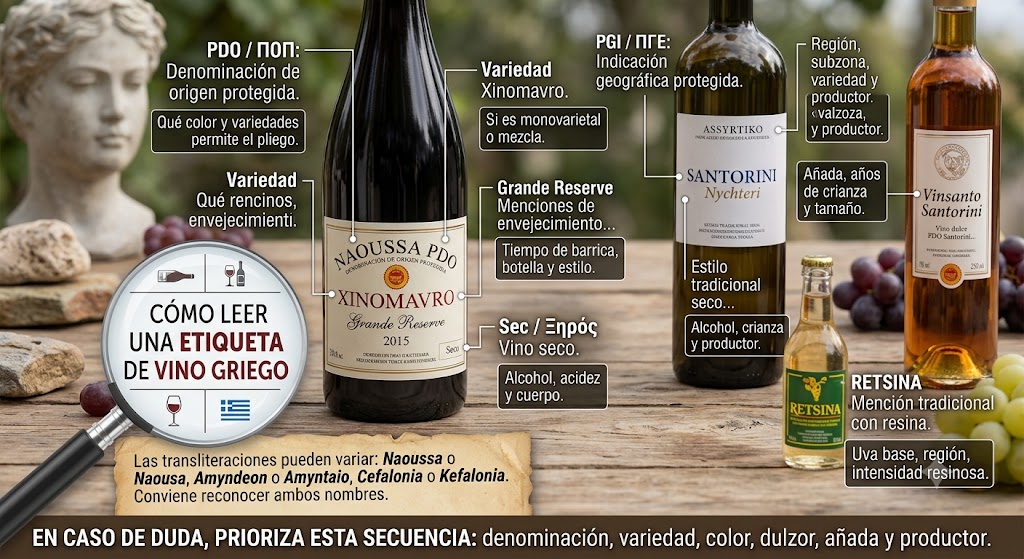 Botellas griegas con ejemplos de PDO, PGI, Assyrtiko, Xinomavro, Agiorgitiko y Moschofilero