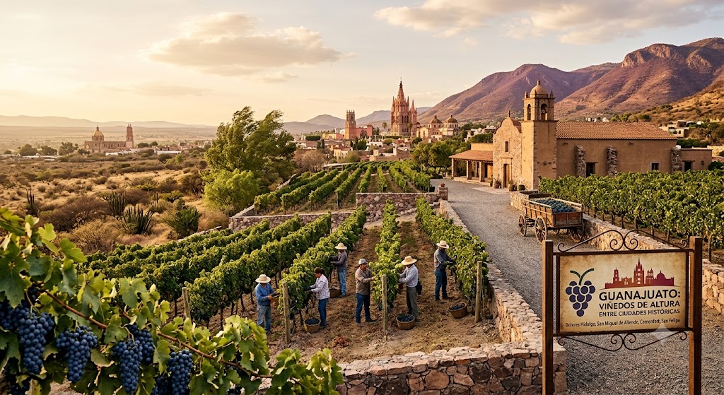 Viñedos de Guanajuato en el altiplano mexicano cerca de campos y pueblos históricos