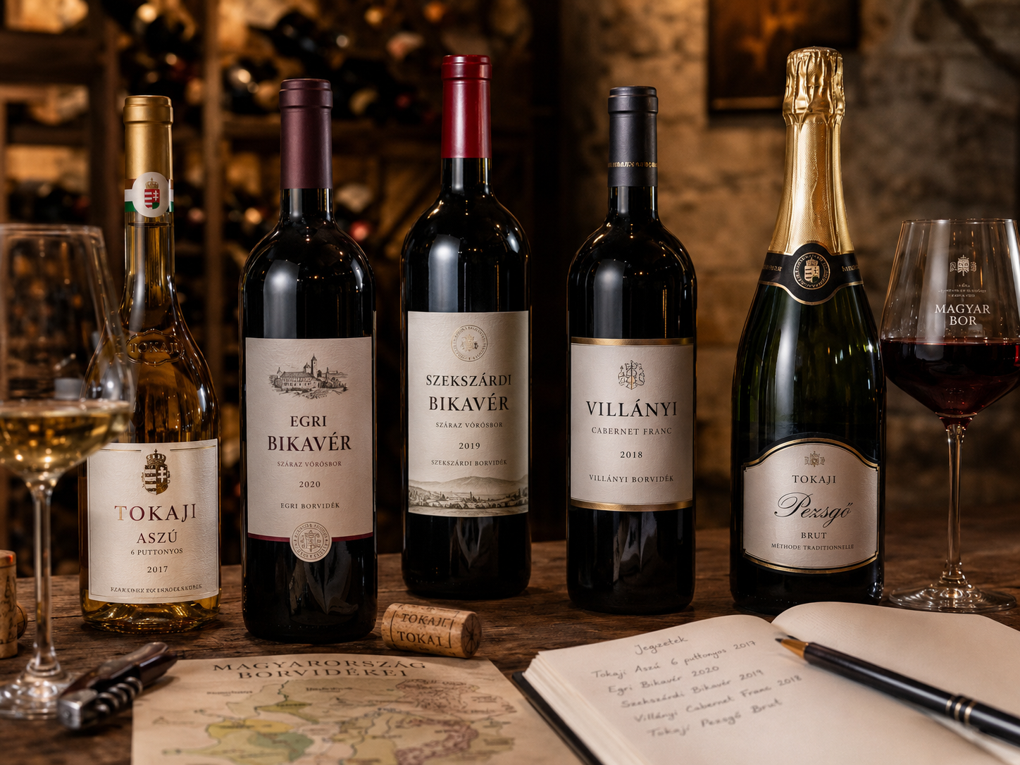 Botellas húngaras con ejemplos de Tokaji, Furmint, Bikavér, dűlő, száraz y pezsgő