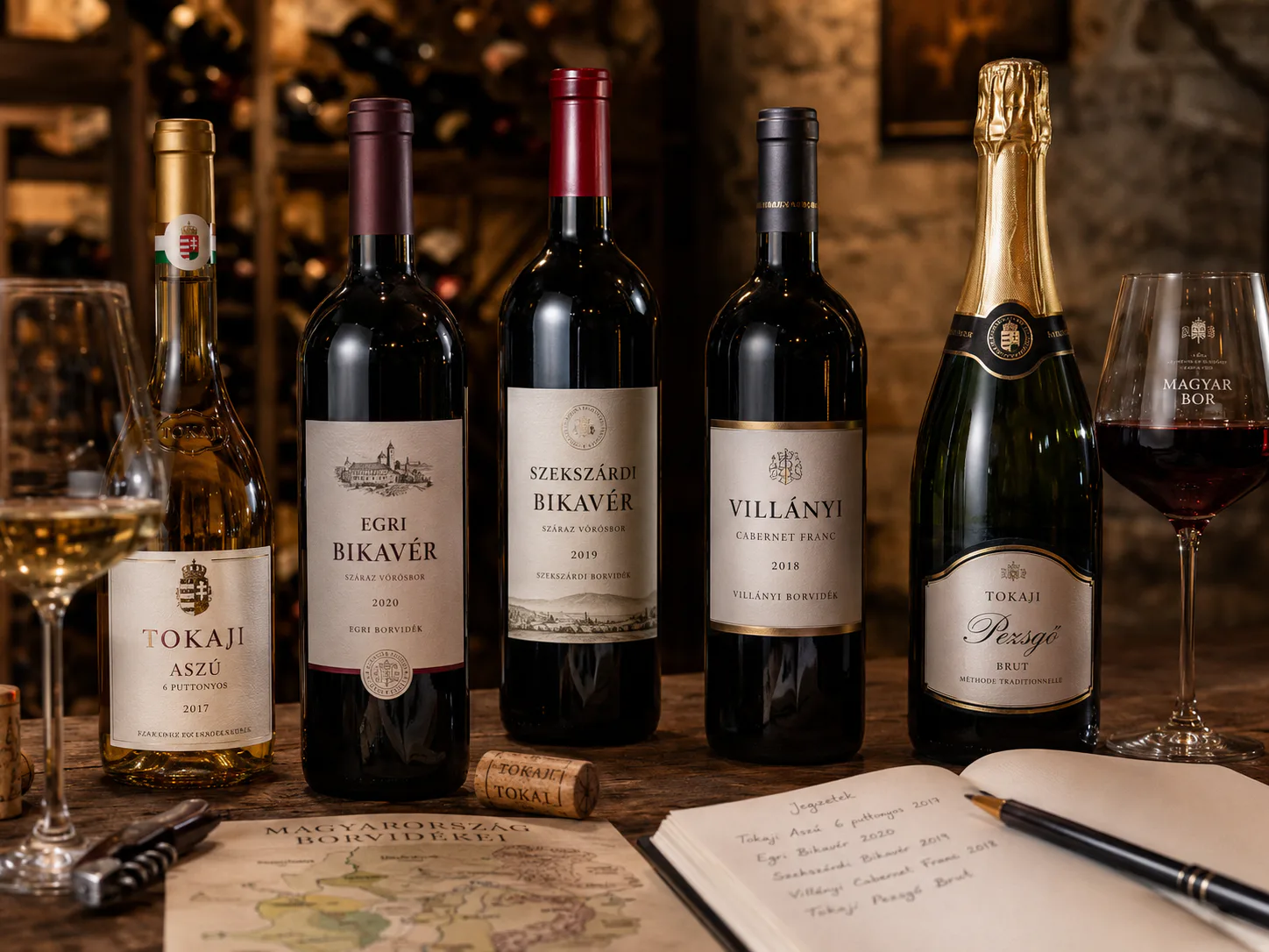 Botellas húngaras con ejemplos de Tokaji, Furmint, Bikavér, dűlő, száraz y pezsgő