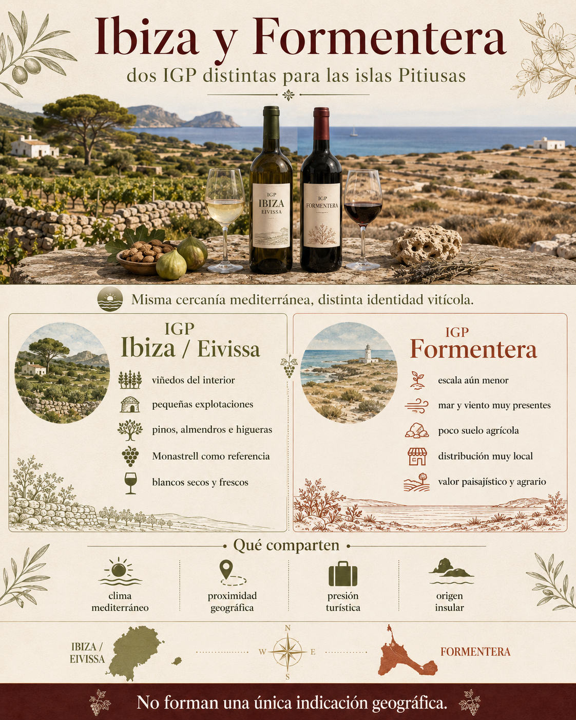 Pequeños viñedos de Ibiza y Formentera con casas rurales, pinos, sabinas y mar Mediterráneo