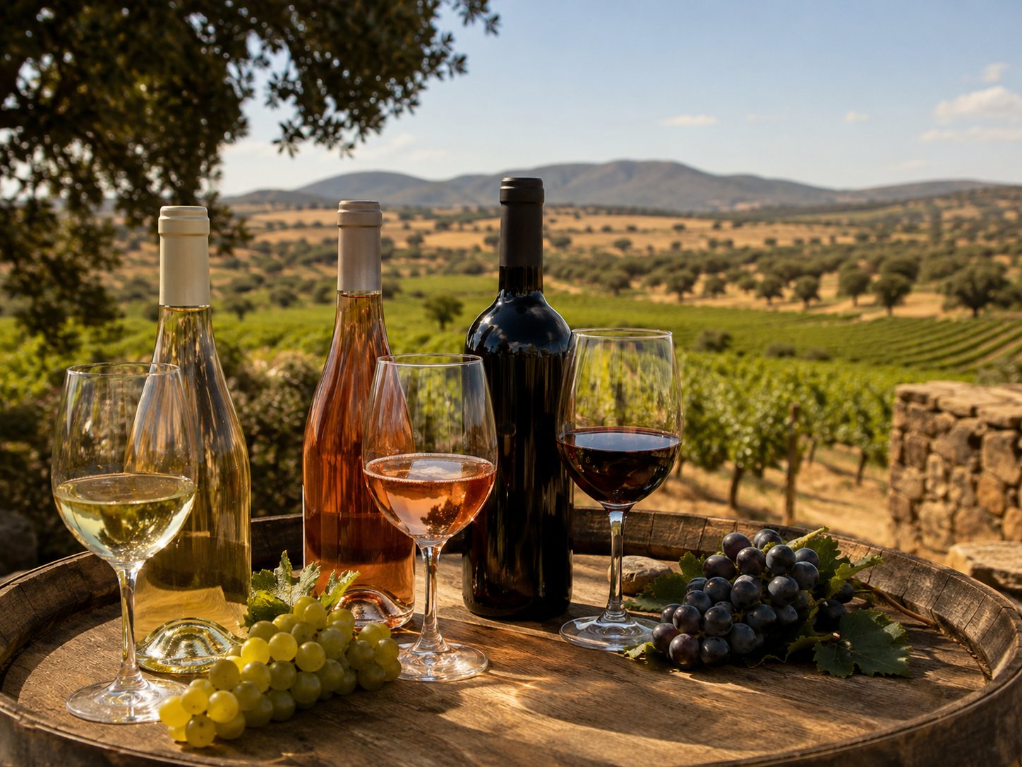 Selección de vinos IGP Extremadura con blancos, rosados y tintos en un paisaje de dehesa
