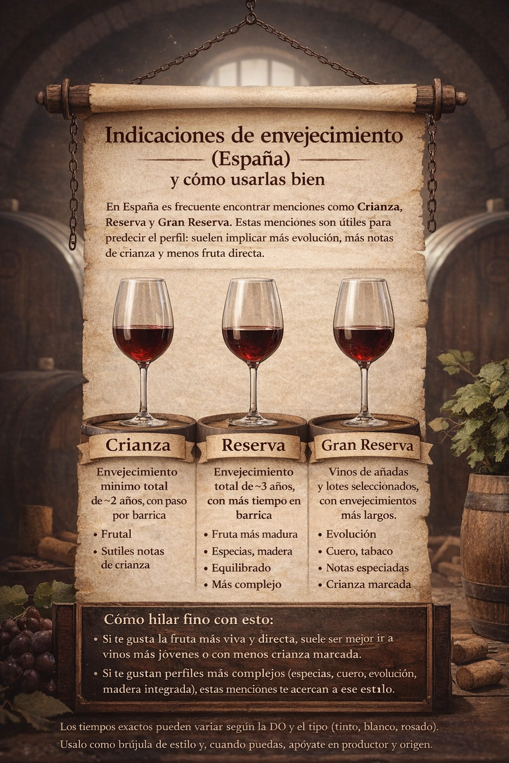 Infografía sobre diferencias generales entre Crianza, Reserva y Gran Reserva