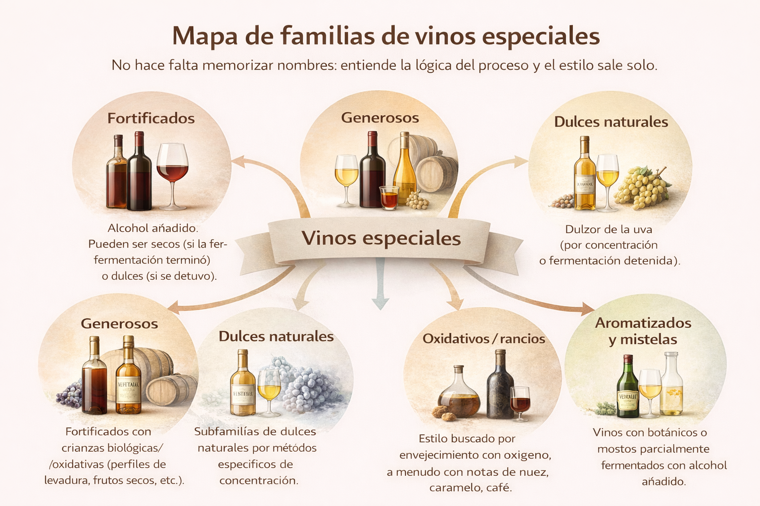 Mapa de familias de vinos especiales: fortificados, generosos, dulces naturales, botrytis, hielo, oxidativos, aromatizados y vinos naturales