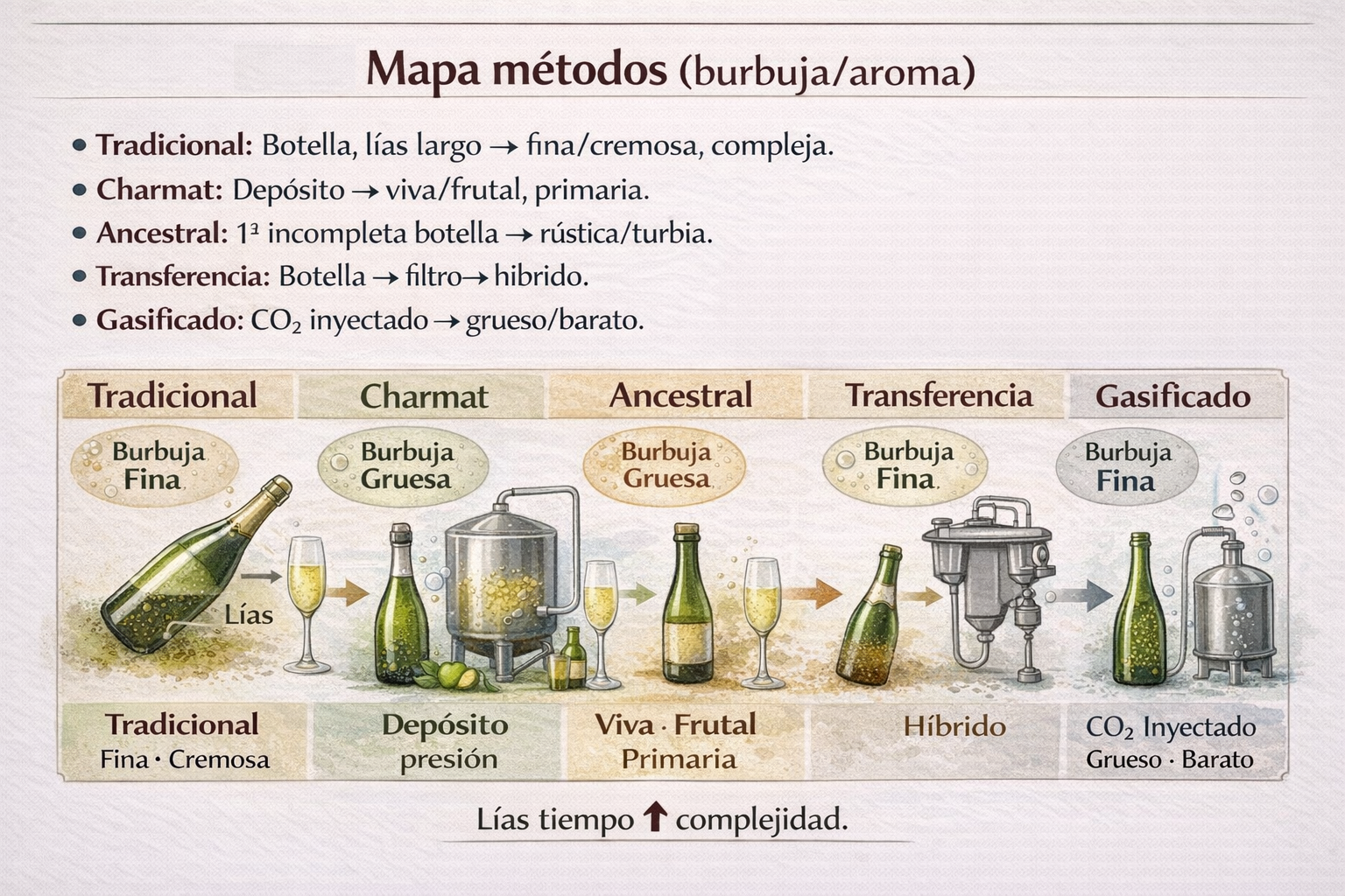 Infografía de métodos de elaboración de vinos espumosos: tradicional, Charmat y ancestral