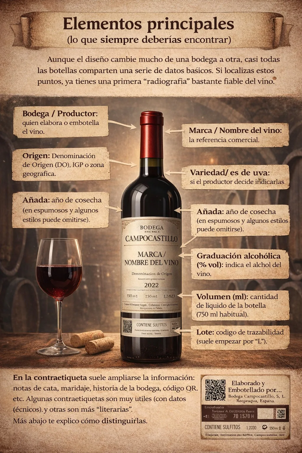 Infografía con las partes principales de una etiqueta de vino