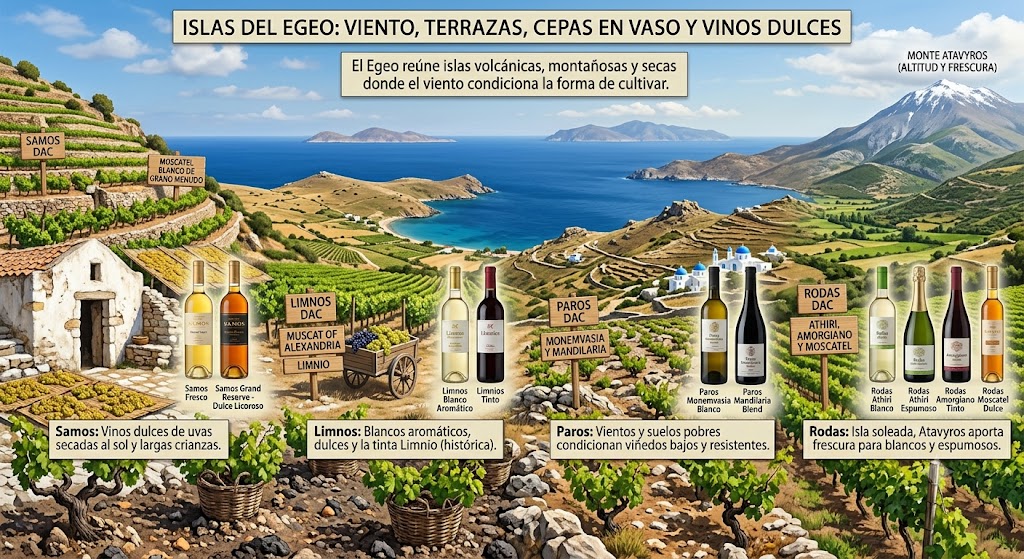 Viñedos en terrazas de las islas griegas del Egeo junto al mar