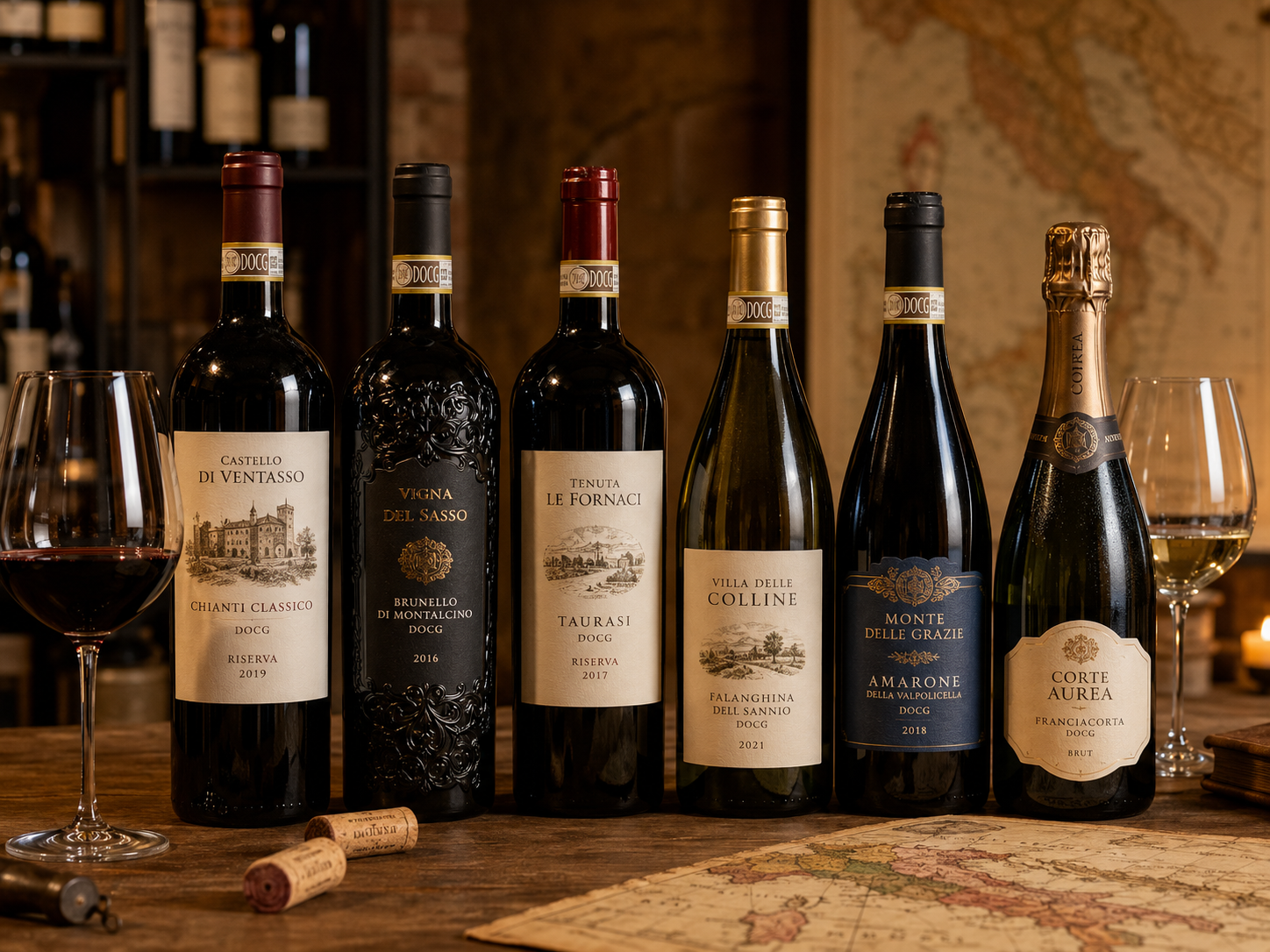 Botellas italianas con ejemplos de menciones DOCG, DOC, IGT, Classico, Riserva y Superiore