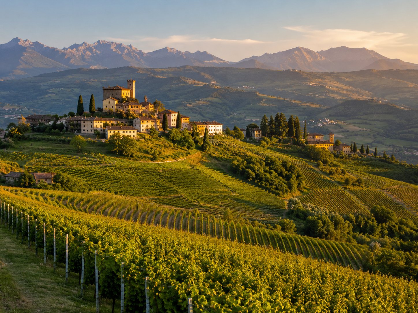 Viñedos del norte de Italia entre montañas alpinas, valles y bodegas