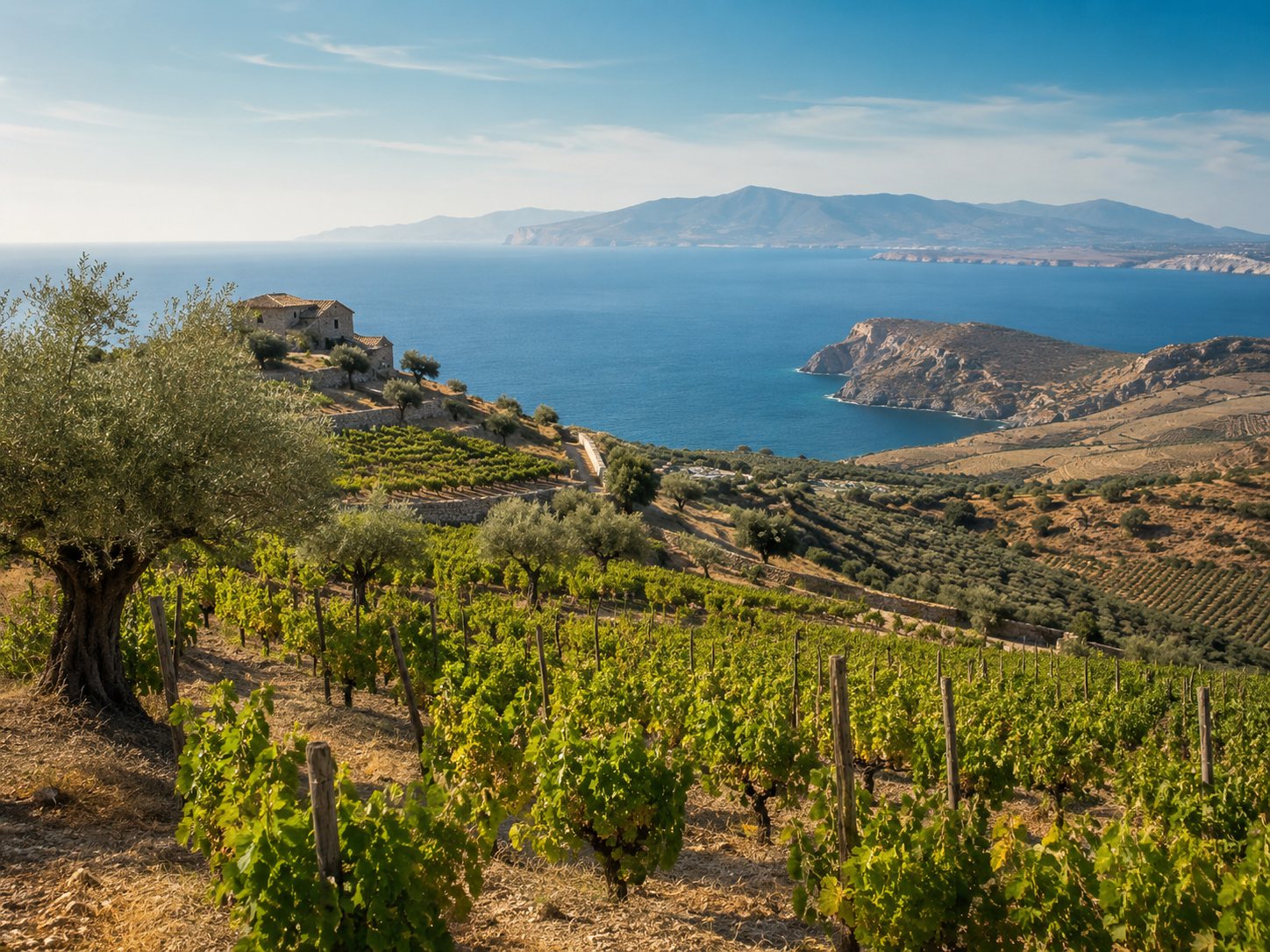 Viñedos del sur de Italia y de las islas con mar, volcanes, terrazas y pueblos