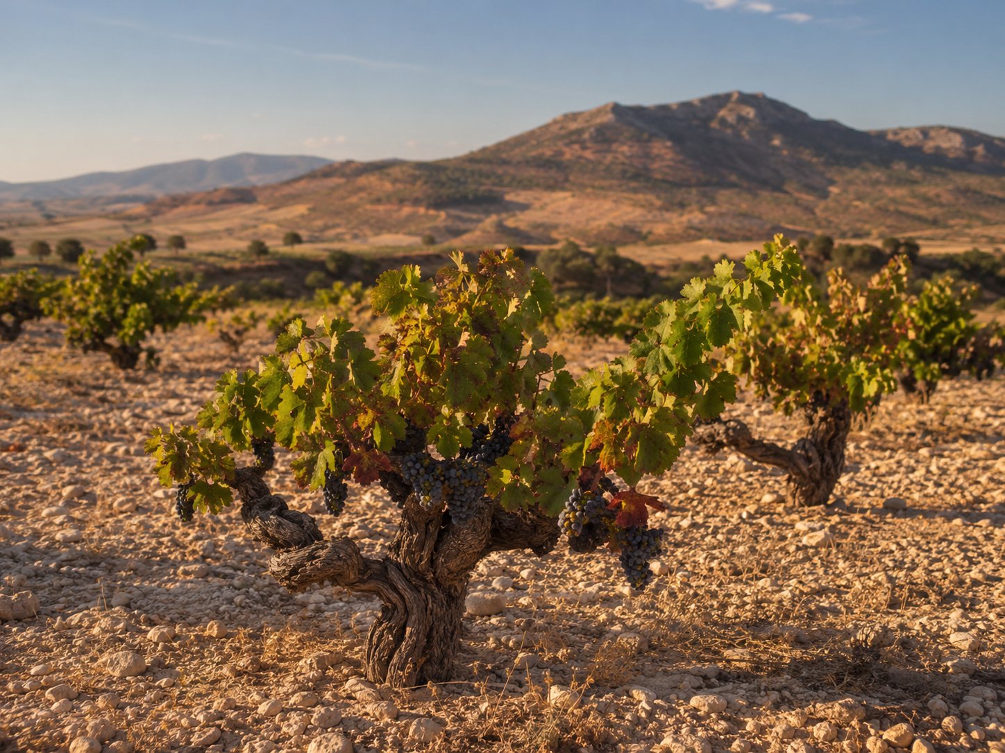 Viñas viejas de Monastrell en Jumilla sobre suelo pedregoso y paisaje de altiplano