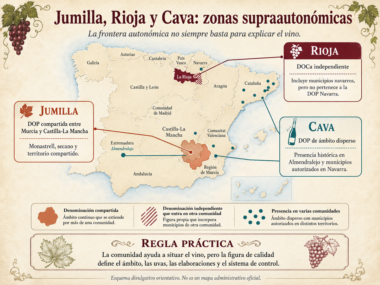 Composición de viñedos de Jumilla, Rioja y Cava para explicar denominaciones supraautonómicas