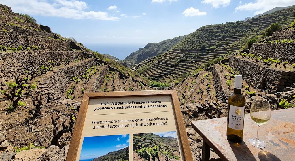 Bancales de viñedo en La Gomera con cepas de Forastera Gomera sobre fuertes pendientes