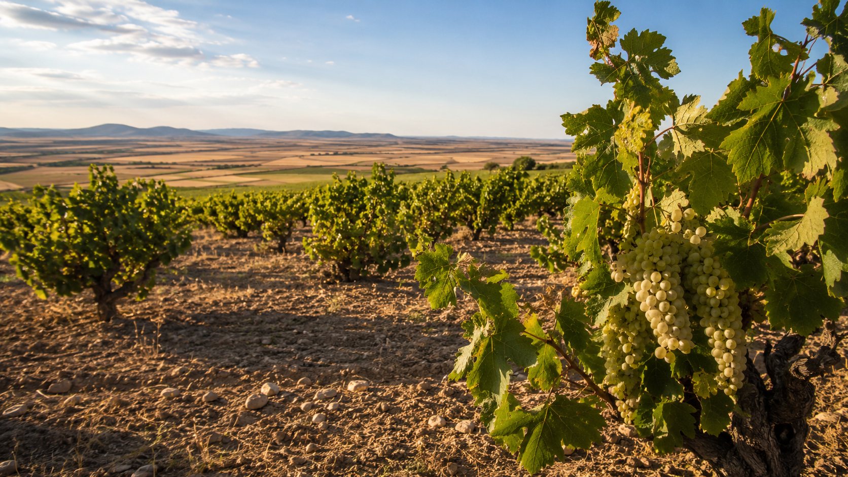 Viñedos de Airén en la llanura de La Mancha con paisaje abierto y molinos al fondo