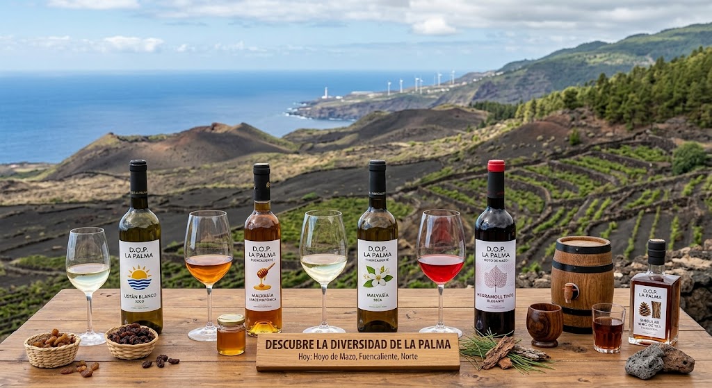 Viñedos de La Palma con cepas de Malvasía, paisaje volcánico y toneles tradicionales de vino de tea