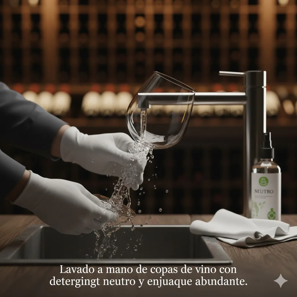 Lavado a mano de copas de vino con detergente neutro, esponja suave y enjuague abundante