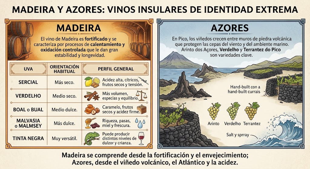 Viñedos de Madeira en terrazas y viñedos de Azores protegidos por muros de piedra volcánica