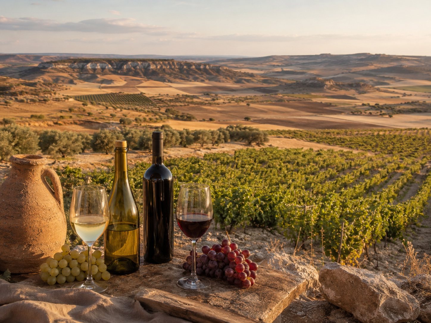 Viñedos de la subzona de Arganda en el sureste de Madrid con llanuras, cerros y pueblos