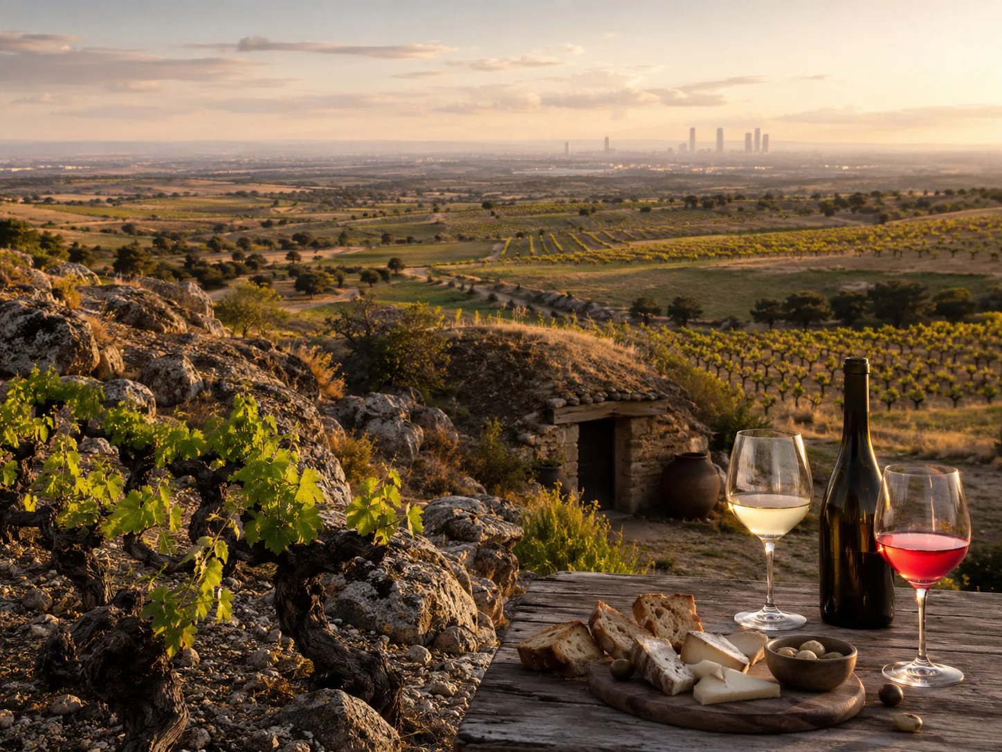 Viñedos de Madrid con Garnacha y Malvar, suelos de granito, sierra y mesa de vino