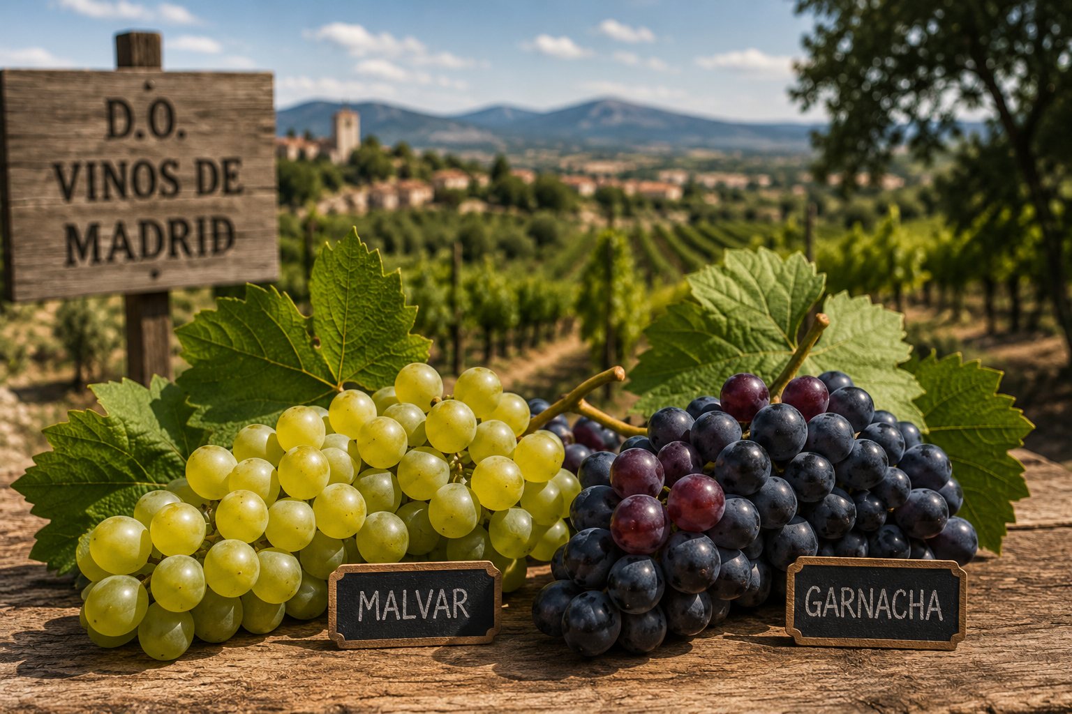 Racimos de Malvar, Albillo Real, Garnacha y Tempranillo en viñedos de Madrid