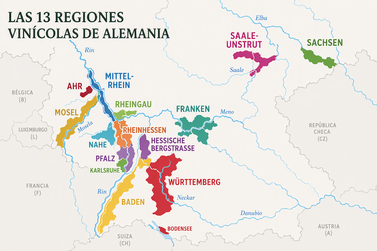 Mapa orientativo de las trece regiones vitivinícolas de Alemania